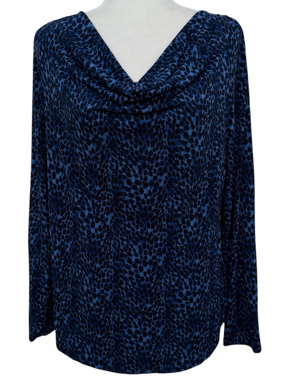 INC Blue Leopard Print Cowl Neck Long Sleeve Blouse ~ Women’s L or XL (No Tag)